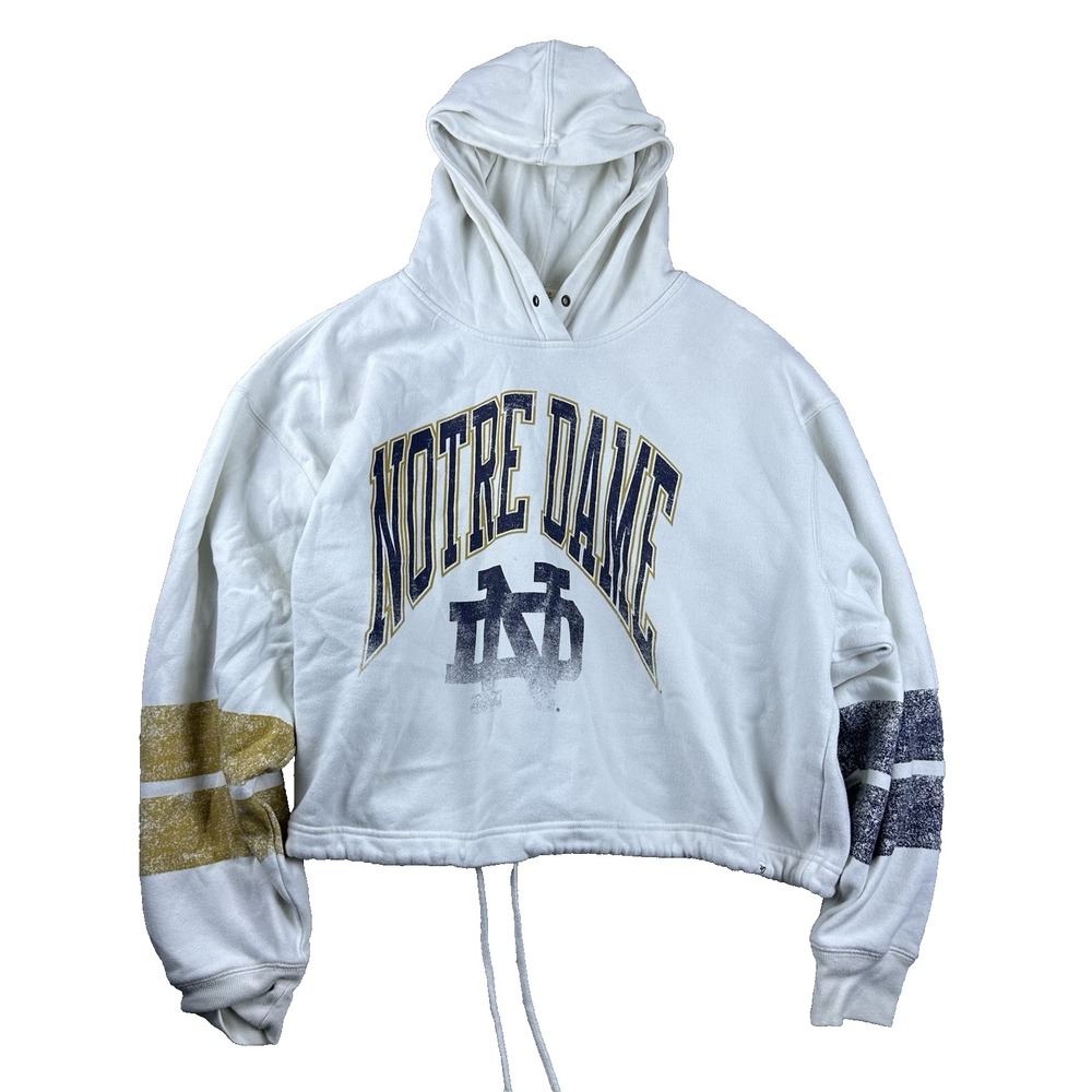 47 Notre Dame Women Size XL White Crop Hoodie Gold Navy Striped Retro Streetwear
